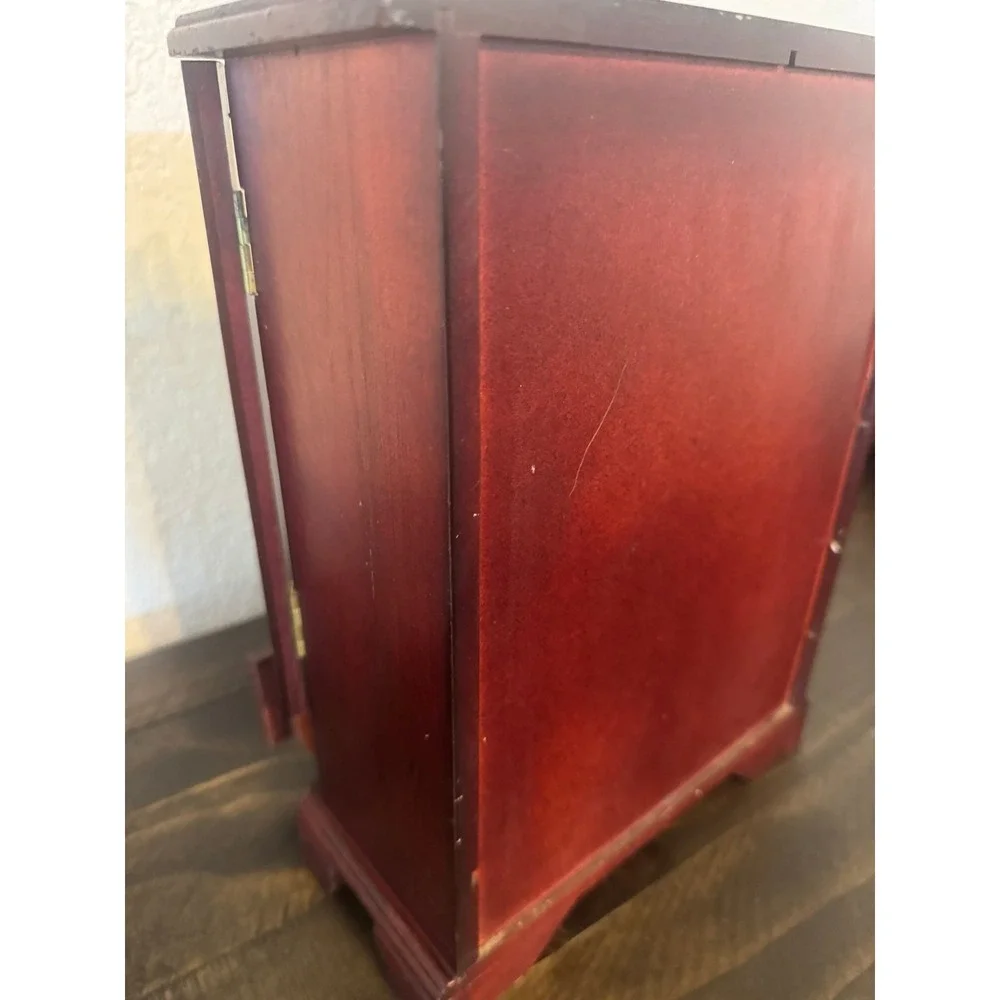 Vintage Wooden Jewelry Armoire Cherry Finish Glass Doors Necklace Carousel Box